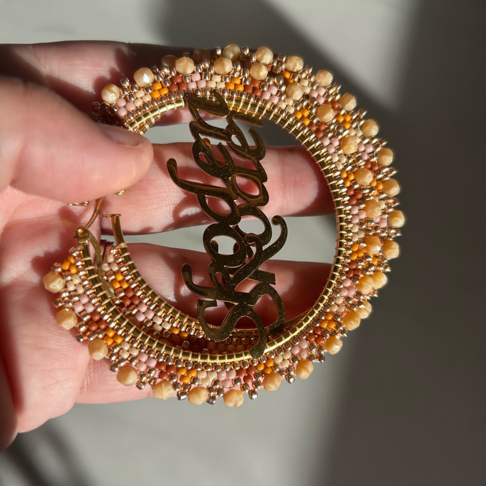 Beaded Indigenous Gold SKODEN Hoop Earrings - Picture 3 of 5